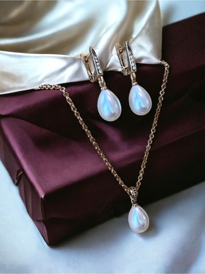 Fayra Accessories Zirkon Taşlı Mayorka Inci Kolye ve Mayorka Inci Küpe Seti