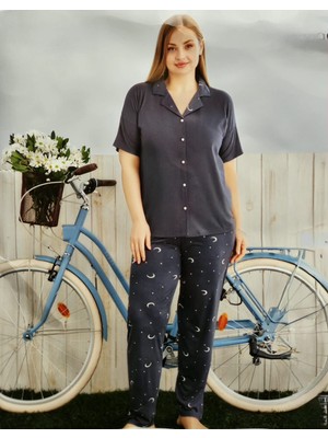 Pijamoni Milan Gömlek Yaka Önden Düğmeli Battal Beden Kısa Kollu Pijama Takımı 7560