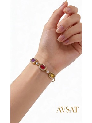 Melike Steel Zirkon Taşlı 3 Renkli Kare Paslanmaz Çelik Kadın Bileklik