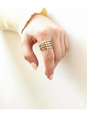 14K Çelik Üzeri Altın Kaplama 4 Sıralı Gold Gümüş Harfli Sipiral Yüzük 16(8) Numara