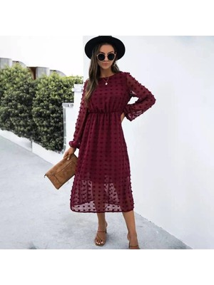 Kadın Uzun Kollu Astar Detay Fırsat Ürün Ponpon Şifon Elbise