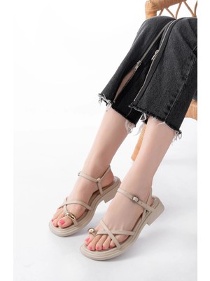 S-101 Bej Parmak Arası Taş Detaylı Günlük Kadın Sandalet