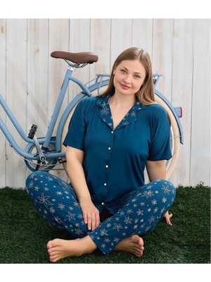 Pijamoni Milan Gömlek Yaka Önden Düğmeli Battal Beden Kısa Kollu Pijama Takımı 7560