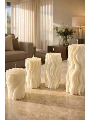 4’lü Dalgalı Model Sütun Vanilya Kokulu Doğal Soya Mum Seti