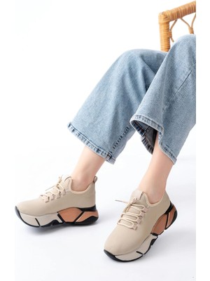 RS-400  Bej Bağcıklı Fileli Renkli Taban Günlük Kadın Spor