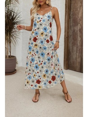 Kadın Ip Askılı Geniş V Yakalı Desenli Süprem Elbise