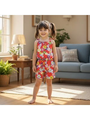 Buufuu Yazlık Dijital Baskılı Askılı Kız Çocuk Beli Lastikli Tulum Elbise