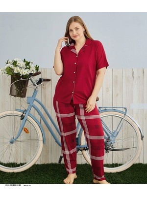 Pijamoni Milan Gömlek Yaka Önden Düğmeli Battal Beden Kısa Kollu Pijama Takımı 7560