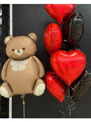 Meri Parti Sevgililer Günü Ayıcıklı Kalp Folyo Balon Seti – Kırmızı Siyah Aşk Buketi