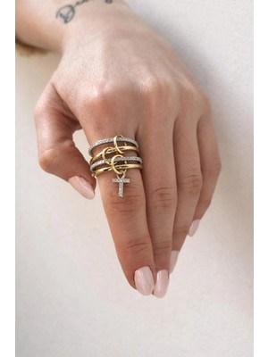 14K Çelik Üzeri Altın Kaplama 4 Sıralı Gold Gümüş Harfli Sipiral Yüzük 16(8) Numara