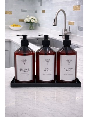 Ayça Home 3'lü Plastik Mutfak Lavabosu Seti Altlıklı Bulaşık Deterjanı,çamaşır Suyu,sıvı Sabun Etiketli 500 ml Plastik Şişe