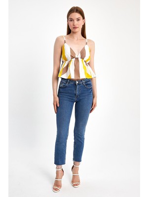 İhraç Pazarı Kadın Boyuna Çizgili Ayarlanabilir Askılı Pamuklu Crop Üst
