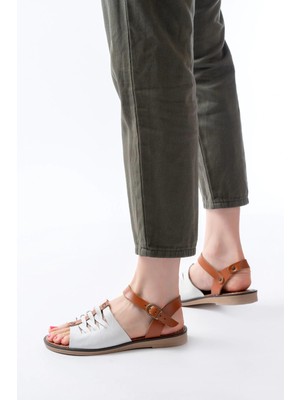 205-029 Beyaz Ortopedik Hakiki Deri Kadın Sandalet