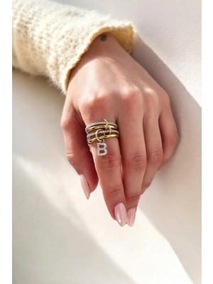 14K Çelik Üzeri Altın Kaplama 4 Sıralı Gold Gümüş Harfli Sipiral Yüzük 16(8) Numara