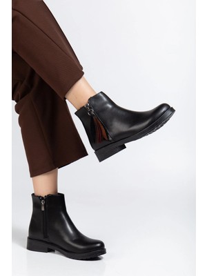 165-205 Siyah Cilt Yaprak Desenli Fermuarlı Günlük Kadın Bot