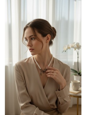 Fayra Accessories Zirkon Taşlı Fiyonk Figürlü Tek Sıra Inci Kolye