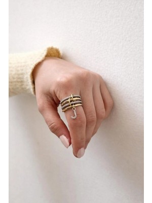 14K Çelik Üzeri Altın Kaplama 4 Sıralı Gold Gümüş Harfli Sipiral Yüzük 16(8) Numara