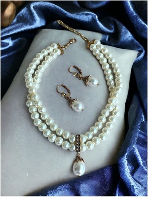 Fayra Accessories Kristal Taşlı Inci Tasma Kolye ve Inci Küpe Seti
