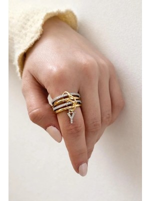 14K Çelik Üzeri Altın Kaplama 4 Sıralı Gold Gümüş Harfli Sipiral Yüzük 16(8) Numara