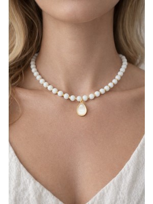 Doğal Taş Kolye Beyaz Doğal Oniks Taşı Damla Detaylı Kolye Altın Kaplama