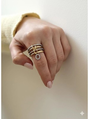 14K Çelik Üzeri Altın Kaplama 4 Sıralı Gold Gümüş Harfli Sipiral Yüzük 16(8) Numara