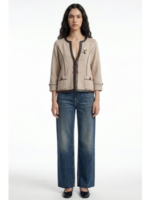 Sementa Suni Deri Biyeli Yün Triko Ceket - Vizon - Kahverengi