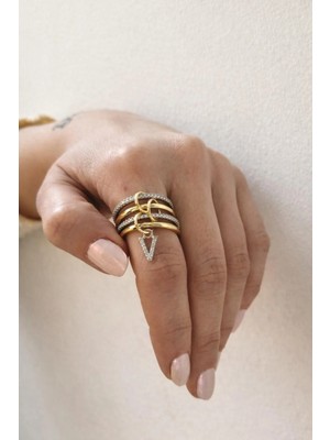 14K Çelik Üzeri Altın Kaplama 4 Sıralı Gold Gümüş Harfli Sipiral Yüzük 16(8) Numara