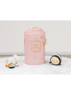 Aesco Baby Kullanımı Kolay Desenli Taşınabilir Torbalı Yuvarlak Sepet(Pembe) Çamaşır Sepeti 04270