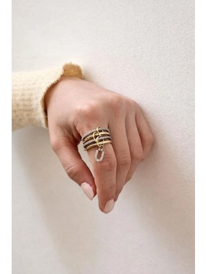 14K Çelik Üzeri Altın Kaplama 4 Sıralı Gold Gümüş Harfli Sipiral Yüzük 16(8) Numara