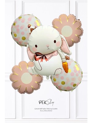 Pekshop Havuçlu Tavşan Çiçek ve Konfeti Yuvarlak Folyo Balon Balon Seti