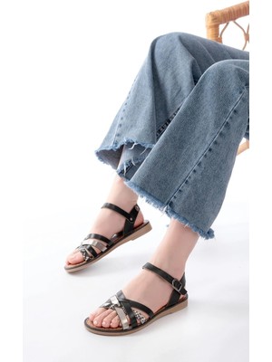 205-093 Siyah Garni Hakiki Deri Ortopedik Taban Kadın Sandalet