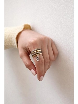 14K Çelik Üzeri Altın Kaplama 4 Sıralı Gold Gümüş Harfli Sipiral Yüzük 16(8) Numara