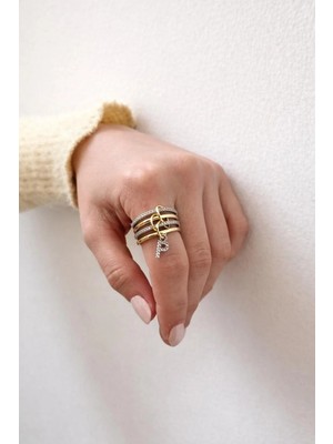 14K Çelik Üzeri Altın Kaplama 4 Sıralı Gold Gümüş Harfli Sipiral Yüzük 16(8) Numara