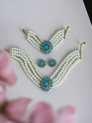 Fayra Accessories Turkuaz Taşlı Dandelion Inci Kolye Inci Bileklik ve Küpe Seti