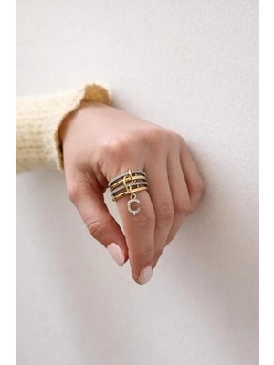 14K Çelik Üzeri Altın Kaplama 4 Sıralı Gold Gümüş Harfli Sipiral Yüzük 16(8) Numara