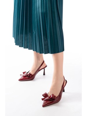 İNF-4501 Bordo Rugan Günlük Arkası Açık Fiyonklu Topuklu Bayan Ayakkabı