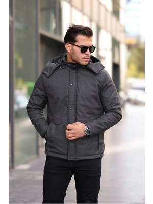 İnce Moda Giyim Erkek Antrasit Kapüşonlu Kapitone Astarlı Kışlık Mont