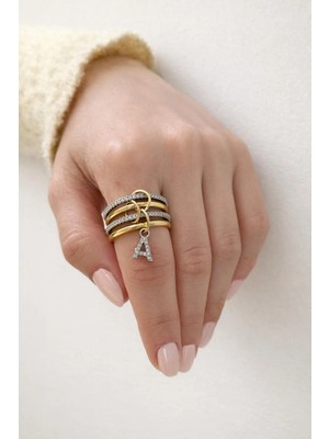 14K Çelik Üzeri Altın Kaplama 4 Sıralı Gold Gümüş Harfli Sipiral Yüzük 16(8) Numara