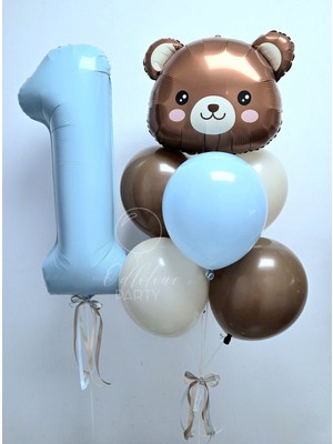 Meri Parti Ayıcıklı 1 Yaş Mavi Folyo Balon Buketi – Erkek Bebek Doğum Günü Seti