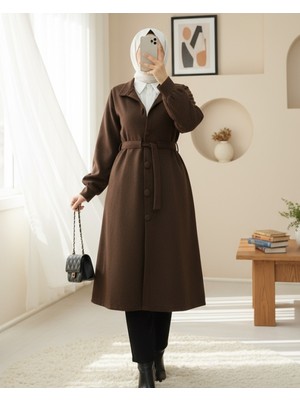 Modamorfo Belden Bağlamalı Top Düğmeli Kaşe Kaban   -K. Kahve