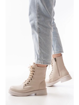 02-356 Bej Düz Topuklu Bağcıklı Fermuarlı Günlük Kadın Bot