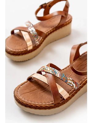 730-015 Taba Garni Ortopedik Hakiki Deri Dolgu Kadın Sandalet