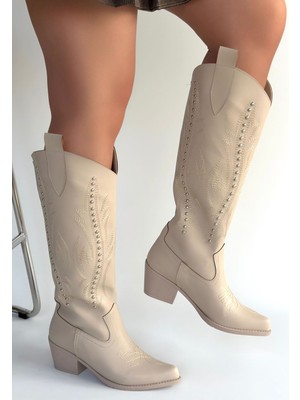 Aesco Meof Bej Cilt Topuklu Çizme - Lisinya