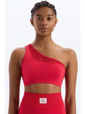 COMEUP File Örgü Detaylı Tek Omuzlu Sporcu Sütyeni Kokina Kırmızı