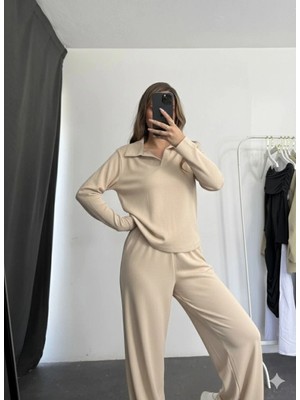 Aesco Polo Yaka Alt Üst Kollu Modal Takım Bej Pt