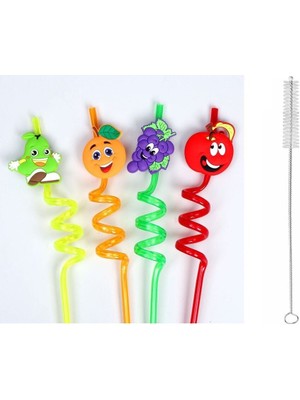 Aesco 5 Parça Renkli Pipet Seti - Emojili Spiral Kokteyl- Çocuk Pipeti Temizleme Fırçalı - Lisinya