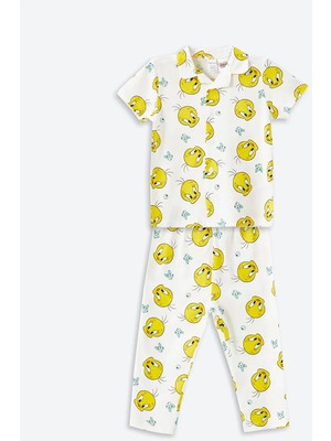 Lc Waikiki Kız Bebek Pijama Takımı Tweety Baskılı Ekru Renkli Polo Yaka 6 - 9 Ay