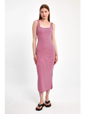 İhraç Pazarı Kadın Çizgili Askılı Pamuklu Polyester Esnek Midi Elbise