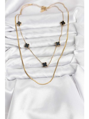 Aesco 316L Çelik Zincir Gold Renk Italyan Zincirli Siyah Yonca Model Kadın Kolye - Lisinya