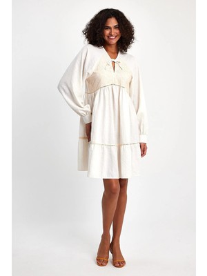 İhraç Pazarı Kadın Ekru Güpürlü Pamuk Keten Elbise Şık ve Rahat Yazlık Elbise